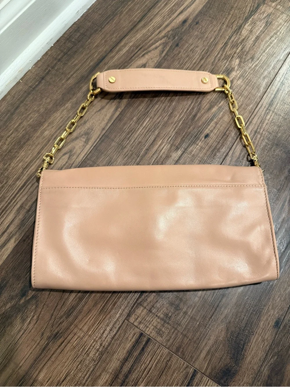 Tory Burch Blush Leather Fold-Over Wristlet with Gold Chain